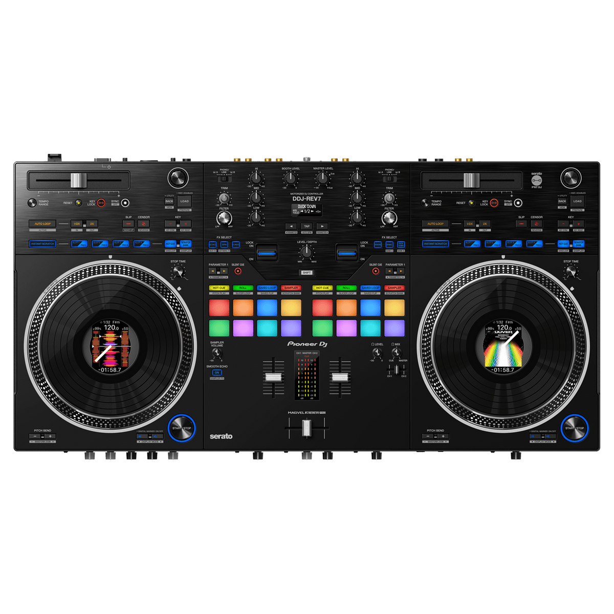 Pioneer DDJ REV7 professional scratch-style DJ controller, top view