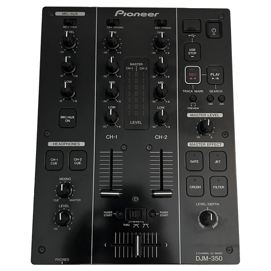 Pioneer DJ DJM 350 2 channel DJ mixer, top view