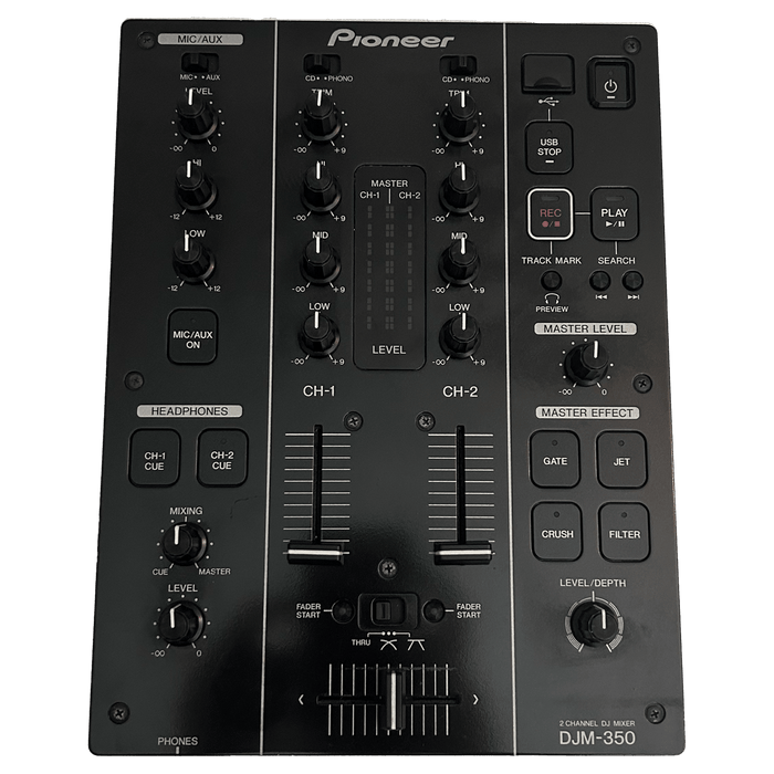Pioneer DJ DJM 350 2 channel DJ mixer, top view