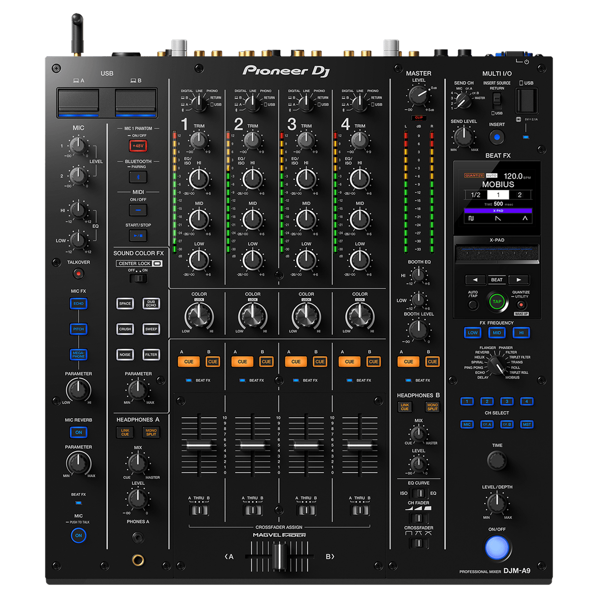 Pioneer DJ DJM A9 professional 4-channel DJ mixer, top view