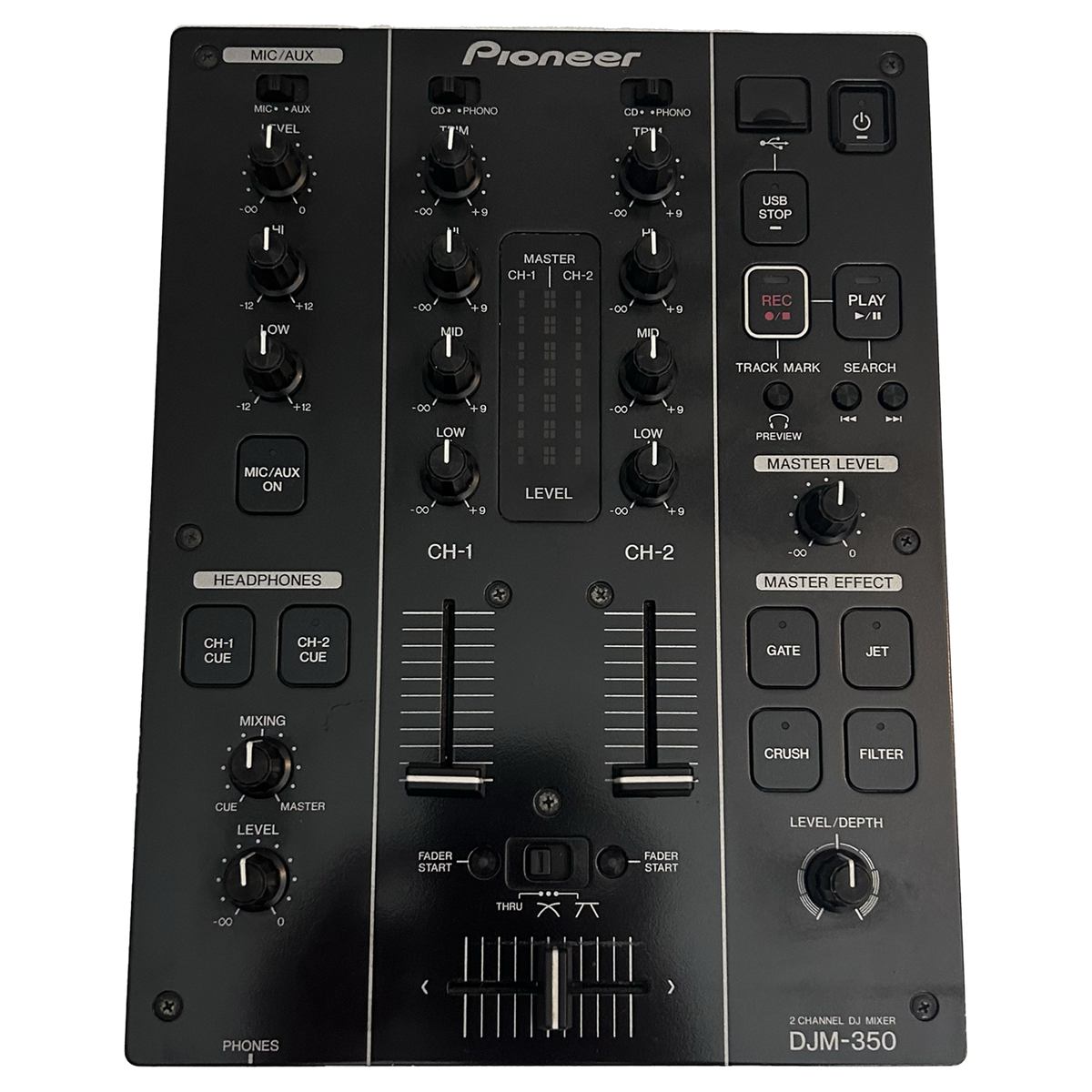 Pioneer DJ DJM 350 2 channel DJ mixer, top view