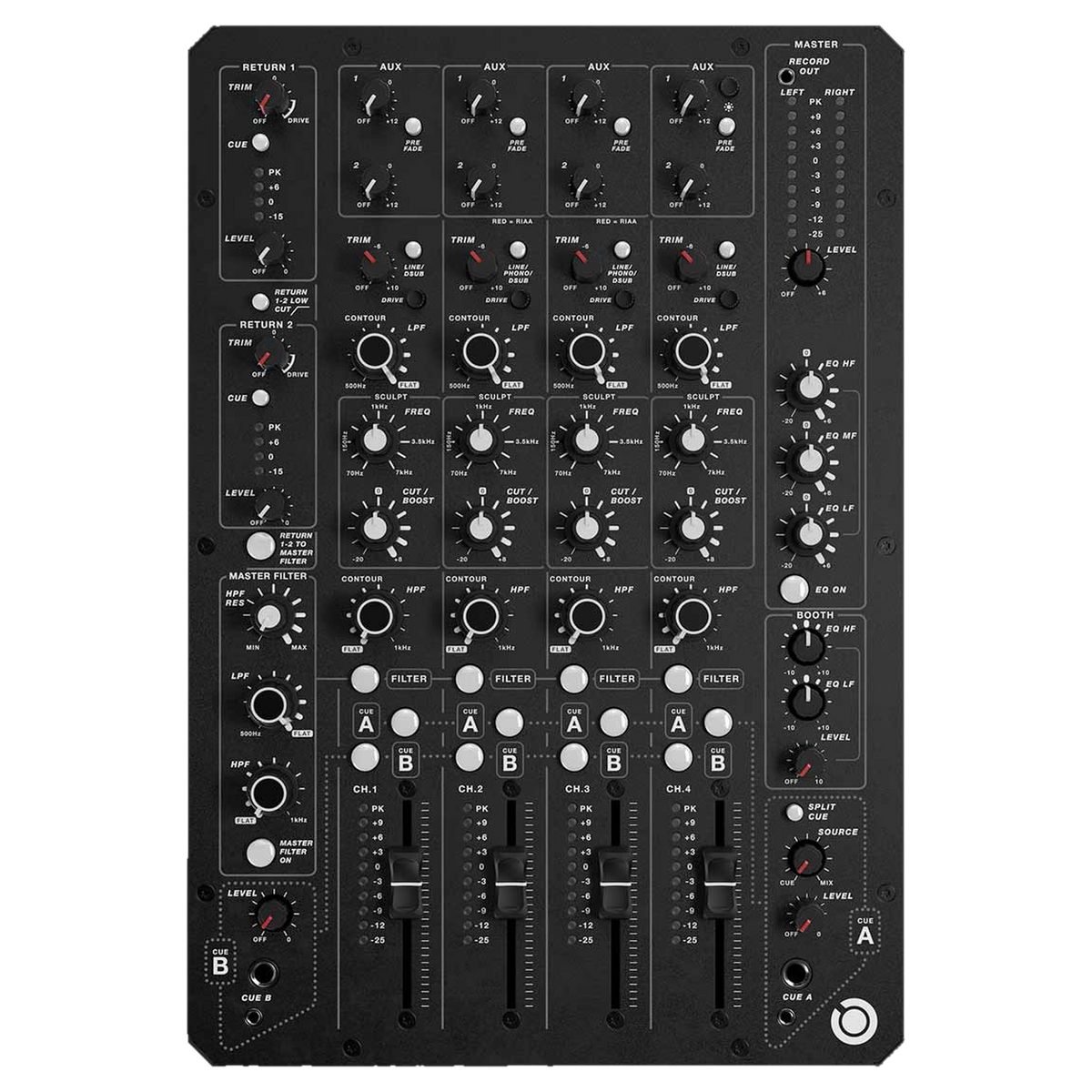 PLAYdifferently MODEL 1.4 four channel analogue DJ mixer, top view
