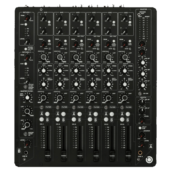 PLAYdifferently MODEL 1 six channel analogue DJ mixer, top view