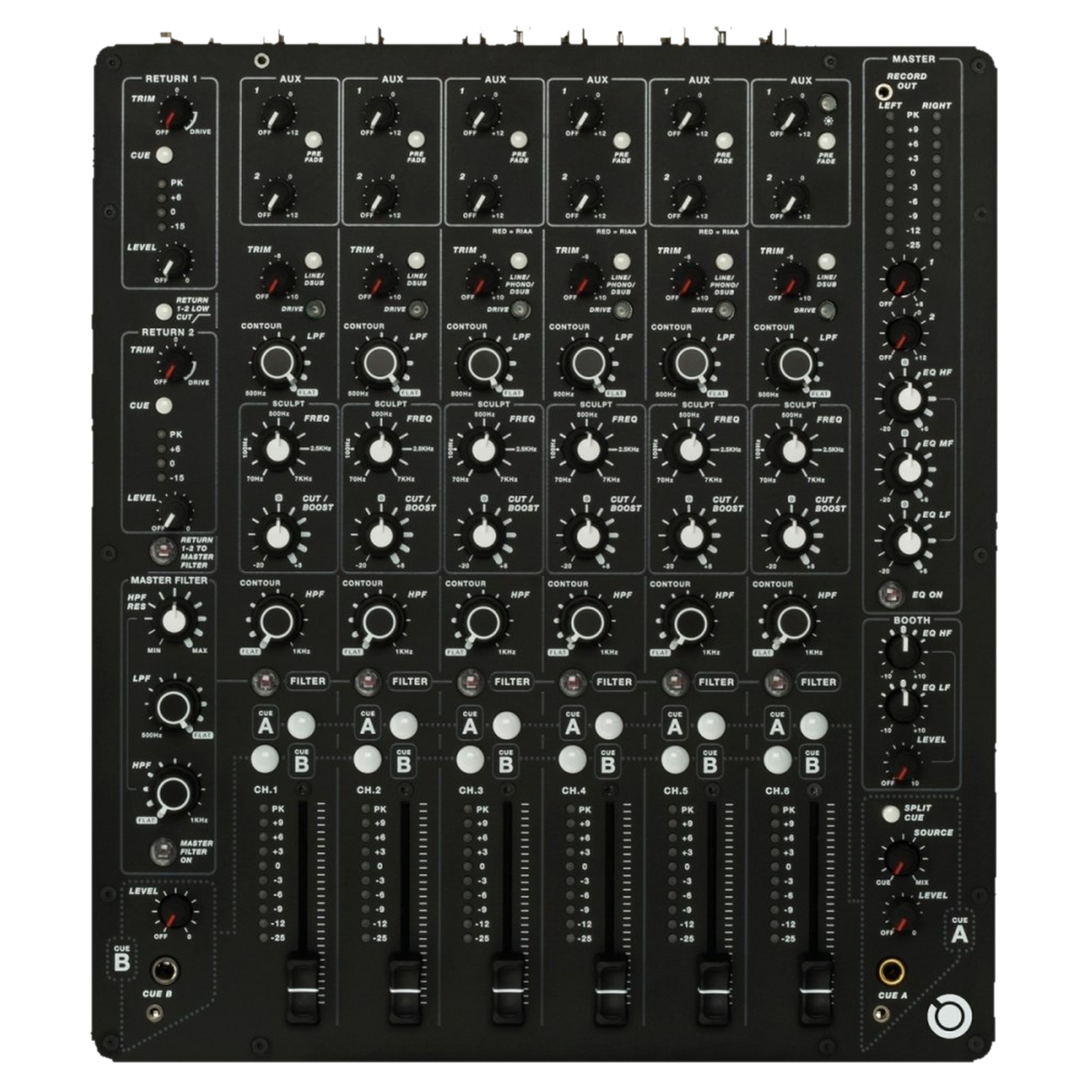 PLAYdifferently MODEL 1 six channel analogue DJ mixer, top view