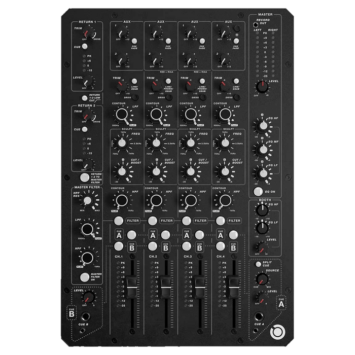 PLAYdifferently MODEL 1.4 four channel analogue DJ mixer, top view